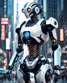 Arte lineal de robot humanoide futurista, arte conceptual, calidad ultra, hiperdetallado, maximalista, 12k, full body fondo ciudad