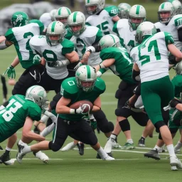 Boston Shamrocks Football team playing against the Toronto Rifles Football team,vintage, hyper-realistic, in color, Boston in green, Toronto in Red