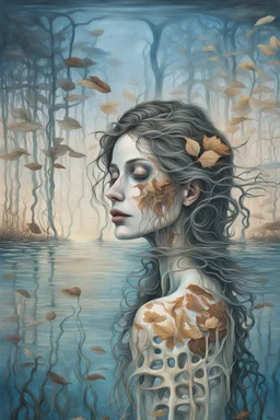 surrealistic painting depicts a woman submerged in water, with only her face visible above the surface. Her hair is dark brown with blonde highlights, and her eyes are a warm brown. Below the waterline, her torso is replaced by a skeletal ribcage entwined with translucent, organic root-like structures and dried leaves, revealing the internal decay beneath the skin. The upper part of the painting features a dilapidated, light-colored building with multiple levels and a dome, seemingly floating on