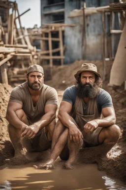 aerial top view shot photography of two ugly 40 year old beefy big robust burly arab carpenters relaxing in the mud, dirty and wet, wearing bulging shorts, tank top, hairy chest, serious, very virile, long beard, curly hair,, , in a sunny construction work area, photorealistic , photorealistic