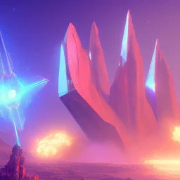 a crystalised blue pink spaceship, gold, diamonds, lightbeams, cosmic background, atmospheric, realistic, unreal engine, 8k. Cinematic lighting, octane render.