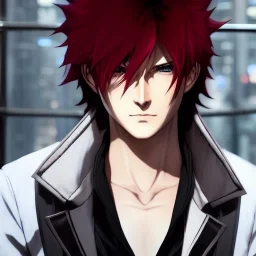 Detailed anime boy, crimson red hair, long classic taper hairstyle, dante dmc5 hairstyle, wolf ears protruding out, white trench coat, intricate details, full body portrait, keep head in frame, slight smile, black Japanese motif, concept art, highly detailed, digital painting, concept art, sharp focus, illustration, art by Yoji Shinkawa, WLOP and greg rutkowski and alphonse mucha and artgerm and yanjun Chen and Junji ito and Makoto Shinkai, HDR, octane render, highly detailed