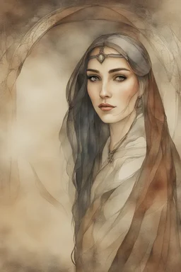 create an ethereal, darkly magical watercolor illustration of an epic female Andalusian sorceress with highly detailed and deeply cut facial features, in the style of CHARLES RENNIE MACKINTOSH