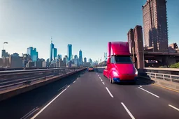 A Tesla 'Semi' (semi truck) is going at a high speed, on the 'FDR Drive', eastern Manhattan. (CINEMATIC, WIDE ANGLE LENS, PHOTO REAL)