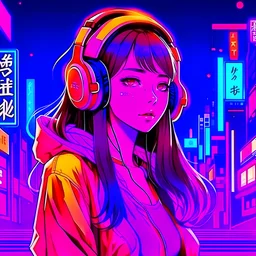 ネオン日本, anime girl, headphones