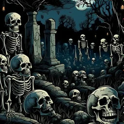 Cementerio del miedo, calaveras y fantasmas rondan por la noche oscura