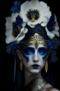 Beautiful young faced mytological greek Héra godess, wearing, golden and white gold gradient ancient greek vantablack greek floral blue iris flower, white orchid flower and ancient greek headress, wearing mytological ancient greek godess vantablack goth costume organic bio spinal ribbed detail of olympos decadent deity background extremely detailed hyperrealistic maximálist portrait art