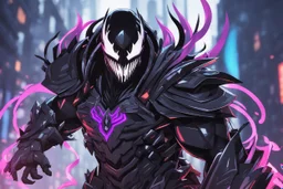 Venom Shredder in 8k solo leveling shadow artstyle, sombra them, close picture, rain, Shredder helmet, neon lights, intricate details, highly detailed, high details, detailed portrait, masterpiece,ultra detailed, ultra quality