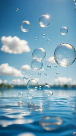 bubbles floating over water with blue sky, stock photography