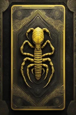 sacred geometry framed playing card, black and yellow scorpion fractal mummy relief with shadows boss card in the style of Giger and fallout 4 ,,bokeh like f/0.8, tilt-shift lens 8k, high detail, smooth render, down-light, unreal engine