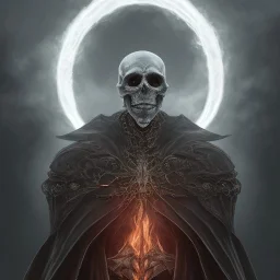 A skeletal man with fiery eyes, a black and leather dress, a long black cloak, sitting on a big, skeletal and fiery horse, full HD, 4K, 8K, magical, fantasy, 3D, symmetrical, detailed and complete painting