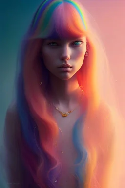 girl, cute, beautiful, long hair, rainbow hair, rainbow dress, close up portrait by Greg Rutkowski