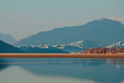 Sunny day, distant modern city, lake, lake reflections, people, mountains