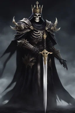 a demonic looking man with a sword in his hand, undead skeleton king, dark souls, skeleton king, overlord season 4, ainz ooal gown, prince crown of black gears, the king of death, king of time reaper, overlord, lich vecna (d&d), dark and forboding, from overlord, scary knight, large black smile Overlord