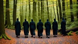 black robe hooded monks on the forest path