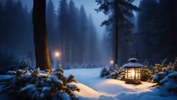 fir forrest scenery, heavy mist,valley,creek,forest,christmas lanterns,tree,,nature,night,snow,fir tree,high-quality photograph,photorealistic, shot on Hasselblad h6d-400c, zeiss prime lens, bokeh like f/0.8, tilt-shift lens 8k, high detail, smooth render, unreal engine 5, cinema 4d, HDR, dust effect, vivid colors,night