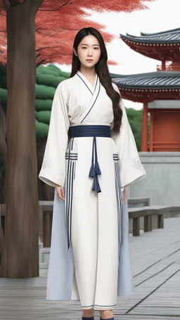 4K Photorealism : 30 year old Asian woman with a full body with a proportional body, symmetrical face, precise clean brown eyes, long flowing hair, precise chest accentuation, showing typical Japanese clothing