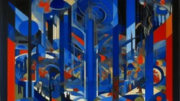 A dark blue chaotic realm with pixies painted by Frank Lloyd Wright