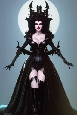 Geena Davis as evil queen in black leather gown, evil, busty, cleavage, curvy, angry, stern look. character design by cory loftis, fenghua zhong, ryohei hase, ismail inceoglu and ruan jia. unreal engine 5, artistic lighting, highly detailed, photorealistic, fantasy