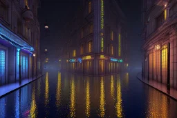 atmospheric, night, city, dark, unsafe, rain, high level of detail, high definition, blue neon, blender 3d