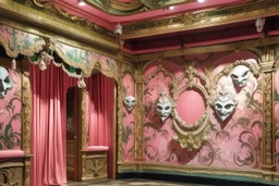 A light pink magical theatre with drama masks painted by Claude Monet