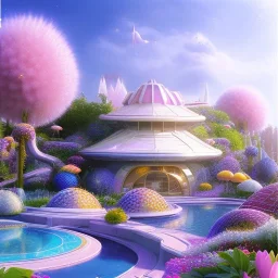 landscape of summer tropical ambient beutiful villa white gold and neon lights bright and colorful bright gloss effect of a futuristic house,like spaceship, natural round shapes concept, large transparent view of the open outdoor garden,sea beach at sunset, gold crystals,with light pink, flowers of Lotus, beutiful pools, light of sun , palmiers,cerisiers en fleurs, wisteria, sun , stars, small waterfalls