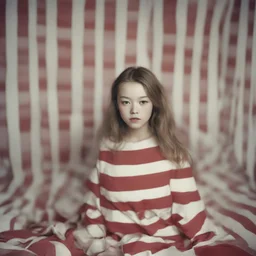 devon aoki, in a bedroom, autochrome, wallpaper with red and white stripes