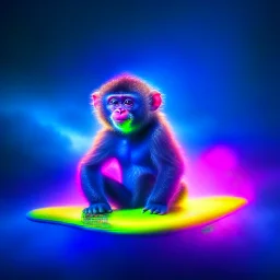 portrait of psychedelic monkey on surfboard photo shoot, 8k, down-light, soft light, depth of field, photo realism, trending on art station, high detail, smoke and fog