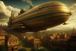 "Imperial Zeppelin" - a steampunk flying zeppeln with many (((((golden filigree))))), flying over a surrealistic cyberpunk medieval gothic village - ultra high quality, sharp focus, focused, high focus, very sharp, high definition, extremely detailed, hyperrealistic, intricate, fantastic view, very attractive, fantasy, imperial colors, colorful