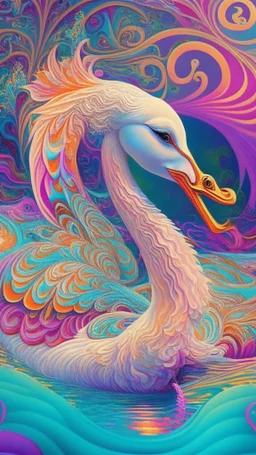 a psychedelic swan in a colorful wonderland