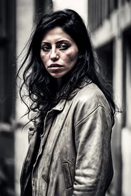 Masterpiece1:3), a captivating character portrait in the raw, visceral style cindy sherman, Of a modern arabic model with long hair, a feminine visionary standing amidst an urban dawn with resolute eyes wearing a / weathered leather jacket /. Emphasize street photography that captures the candid humanity and resilience of city life, bathed in the early morning's diffused light with Artistic Vision, (Sheer Artistry:1,5). Shot with a Leica M10, Ilford HP5 Plus, finest quality, 8k