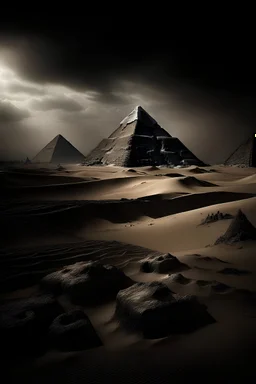 Photo désert, pyramides en fond , dark fantasy, au loin des momies