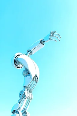 Draw robot arm with slender flexible structure and flexible joint. The three-dimensional structure in the figure needs to be filled with color, and the background uses the light blue sky composition.