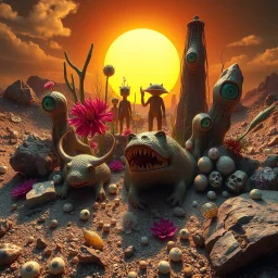 A striking photograph captures a sub-paracosm from a phantasmagorical universe made of glossy organic material, with group of plants and animals, eyes, teeth, figures, adorned with glossy minerals and rocks, eerie, wasteland, Yves Tanguy style, hypnotic, intense noon-light sun, 8k, deep 3d field, strong texture, extreme detail, intricate, colours, rich moody colors