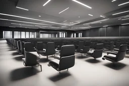 a row of black conference chairs in a conference hall, modern, 16k, 3d rendering, expressively detailed, dynamic light,