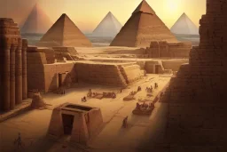 An ancient Egypt city in the year 1500 before Christ with 2 pyramids in the background, by Greg rutkowski, beautiful Egyptian temples, ultra realistic, no ruins, art Station, vibrant colours, concept art