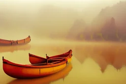 Red Boats on yellow river china in misty morning