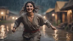 Hyper Realistic close-up-view of Beautiful-Happy-Pashto-Woman running across the streets of her village riverside at heavy-rainy-night with dramatic-&-cinematic-ambiance