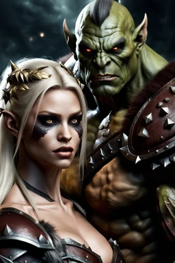 brutish and muscular male orc warrior with pretty blond human princess. dark fantasy. photorealistc