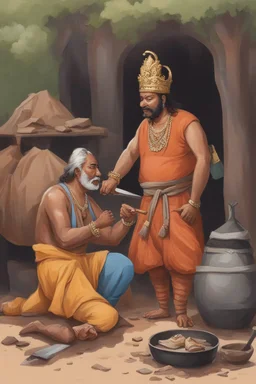 A Indian blacksmith seat on ground and work something with a Indian king standing in front of him and a bag of sandalwood on one side, the king pointing towards the Bag.