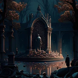 epic, high detail, intricate details, no people, a funeral vigil for a dead man