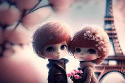 cute chibi mahogany haired girl with a short, silver haired boy, Eiffel tower, heart and love, flowers in Paris, ethereal, cinematic postprocessing, bokeh, dof