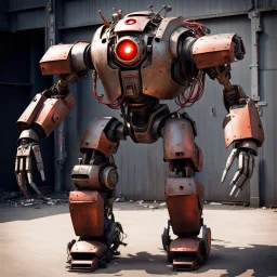 trash mech suit, human-sized, made of scrap metal, cockpit, light rust, round, one red glowing eye, loose wires