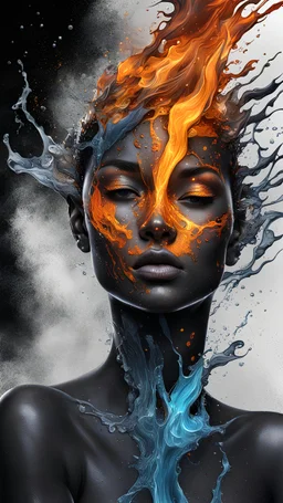 inverted fire with water, Line Art, Black Background, Ultra Detailed Artistic, Detailed Gorgeous Face, Natural Skin, Water Splash, Colour Splash Art, Fire and Ice, Splatter, Black Ink, Liquid Melting, Dreamy, Glowing, Glamour, Glimmer, Shadows, Oil On Canvas, Brush Strokes, Smooth, Ultra High Definition, 8k, Unreal Engine 5, Ultra Sharp Focus, Intricate Artwork Masterpiece, Ominous, Golden Ratio, Highly Detailed, photo, poster, fashion, illustration