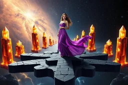 A breathtaking cosmic fantasy scene featuring a stunningly realistic beautiful woman with a perfect face and sculpted figure standing gracefully at the center of a floating geometric platform in deep space. She wears an elegant flowing gown in vibrant purple and pink hues that billow around her perfect form. The platform is constructed from dark cobblestone-like blocks arranged in a cross or star shape. Surrounding her are magnificent crystalline towers and pillars in gold, amber, and electric b