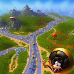 a new donkeykong level with small cars, fine detail, graphics, shiny 3d, road sign, suspended road, islands, jumps