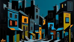 A black dark abandoned town in a dimension painted by Stuart Davis