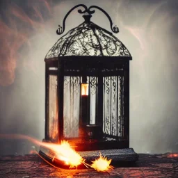 polaroid of swirling embers inside a wrought iron lantern, luminescent glow, moody, tender, photorealistic, curling steam and smoke