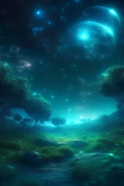 Fabulous landscape forest, night, on the background of outer space, planets, stars, hyperdetalization, mysticism, illumination, fantasy, gloomy atmosphere, clear drawing of details, hyper realistic, beautiful, lumen, professional photo, beautiful, 5d, realistic, 64k, high resolution, high detail, cgi, hyperrealism,f/16, 1/300s. highly detailed digital painting, realistic.