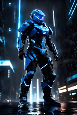 cyberpunk, neon blue, high technology, geometric figures, orbiting figures, high technology suit, cyberpunk suit, black, black and blue, epic, rain, a person in rain, neon blue suit, geometric figures orbiting around suit, exosuit, technological armour, a person wearing technological armour, cyberpunk armour, detailed armour, male, black and blue colored cybersuit, suit details, epic cybersuit, black colored suit, complex suit